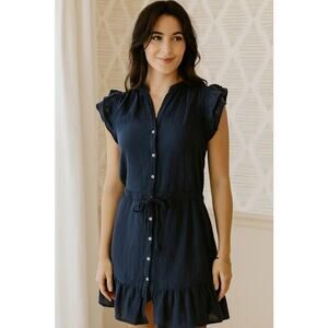 Honorine Women’s Small Navy Blue Cotton Gauze Ruffle Mini Dress